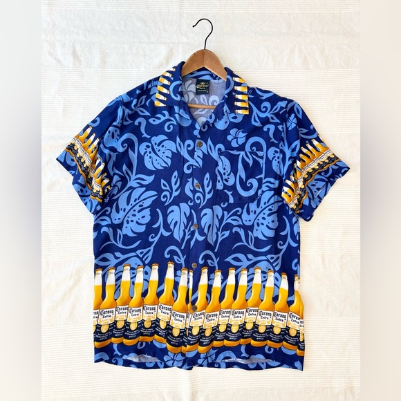 Vintage Corona Extra Beer Print Rayon Hawaiian Style Button Down Shirt - Picture 8 of 12